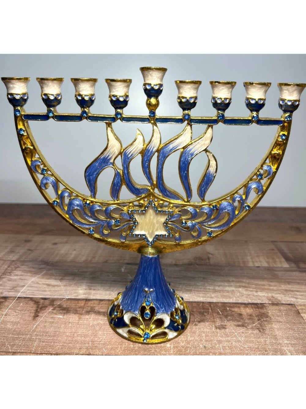 Matashi Hand Painted Enamel Menorah Candelabra with Flower and Hanukkah Design